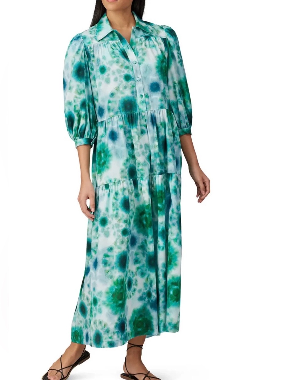 Hunter Bell Women Green Tie Dye‎ Printed Balloon Sleeve Clayton Maxi Dress XS